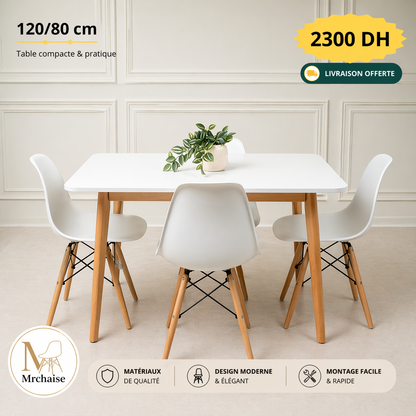 Table rectangulaire 120/80 cm "Blanc/Noir" + 4 Chaises Scandinaves