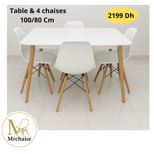 Table rectangulaire 100/100 cm "Blanc/Noir" + 4 Chaises Scandinaves