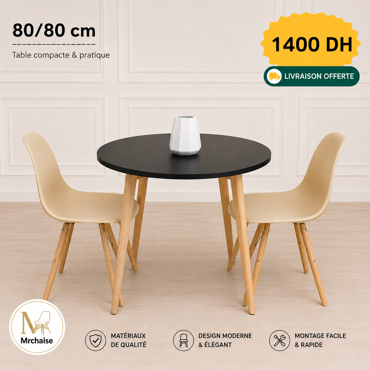 Table ronde 80/80 cm "Blanc/Noir/Beige" + 2 Chaises Scandinaves