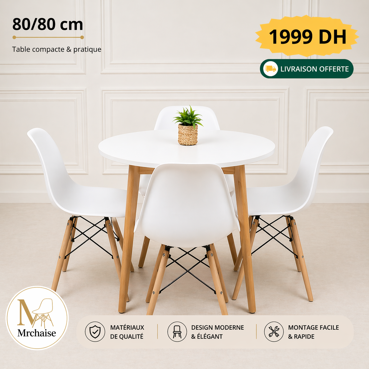 Table ronde 80/80 cm "Blanc/Noir" + 4 Chaises Scandinaves