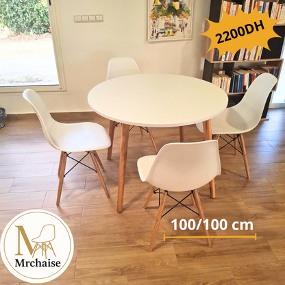Table ronde 100/100 cm "Blanc/Noir/Beige" + 4 Chaises Scandinaves