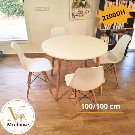 Table ronde 100/100 cm "Blanc/Noir/Beige" + 4 Chaises Scandinaves