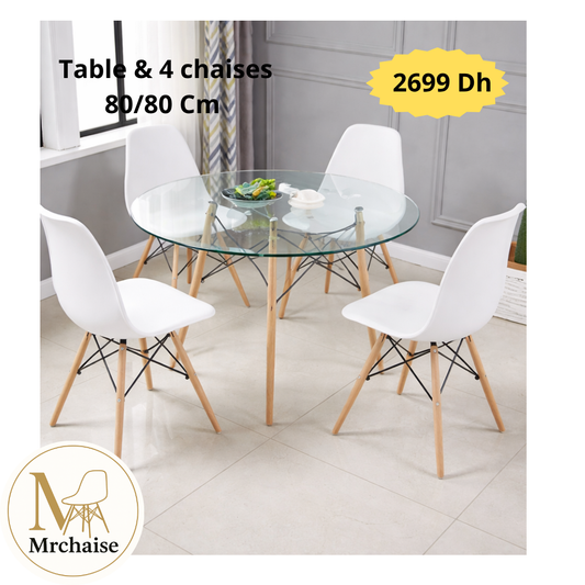 Table  ronde verre trompé 80/80 cm "Blanc/Noir" + 4 Chaises Scandinaves