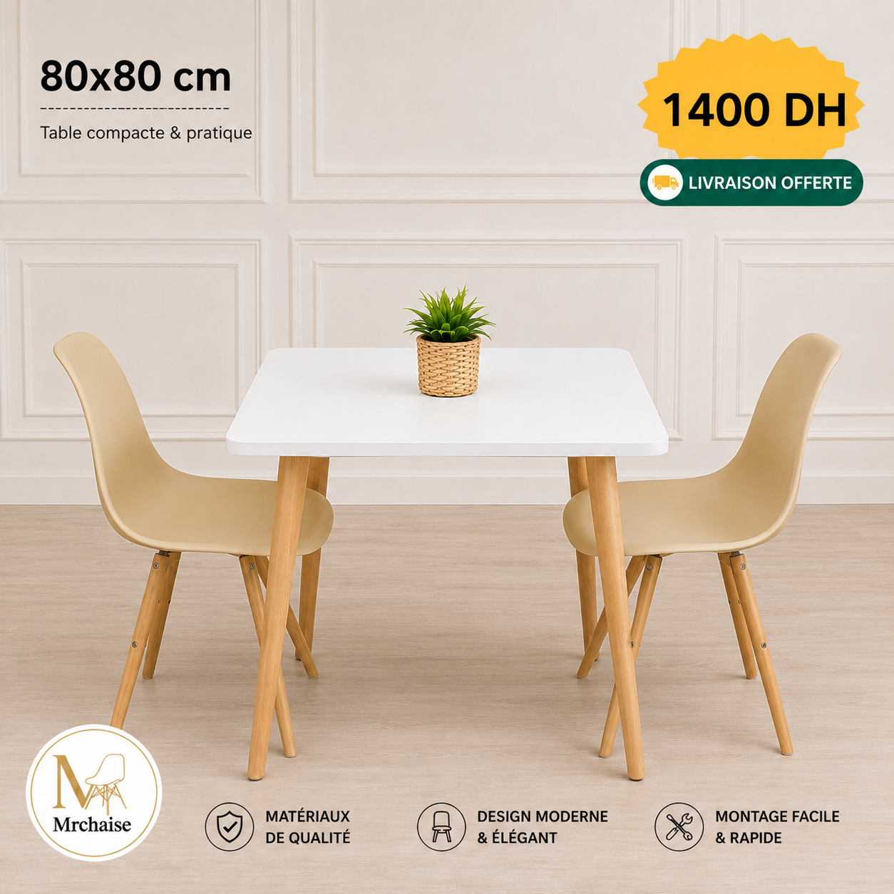 Table carrée  80/80 cm "Blanc/Noir/Beige" + 2 Chaises Scandinaves