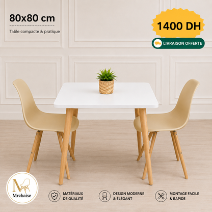 Table carrée  80/80 cm "Blanc/Noir/Beige" + 2 Chaises Scandinaves