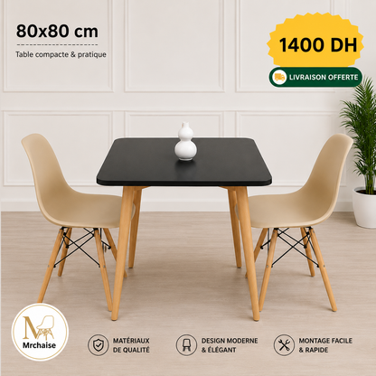 Table carrée  80/80 cm "Blanc/Noir/Beige" + 2 Chaises Scandinaves