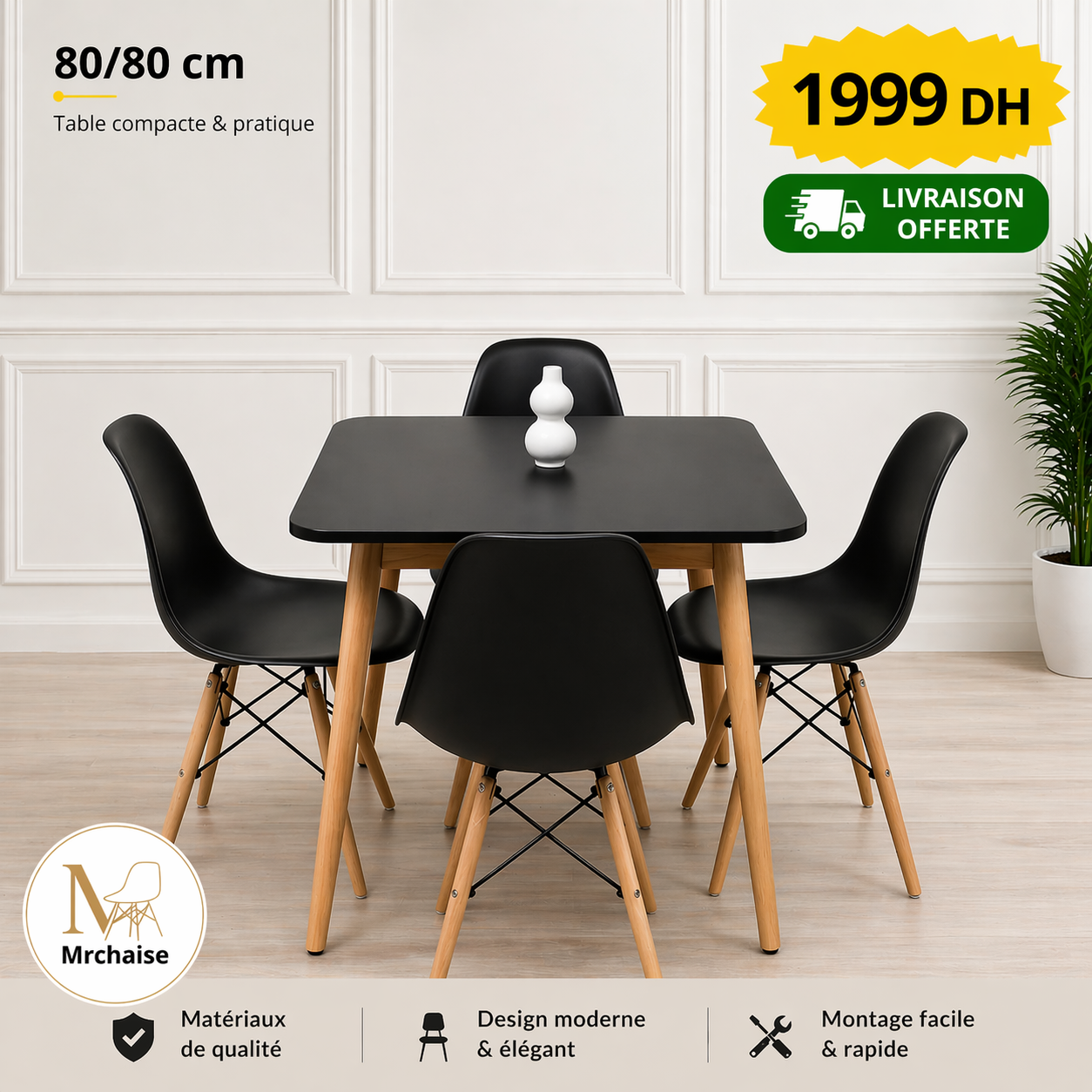 Table carrée 80/80 cm "Blanc/Noir" + 4 Chaises Scandinaves