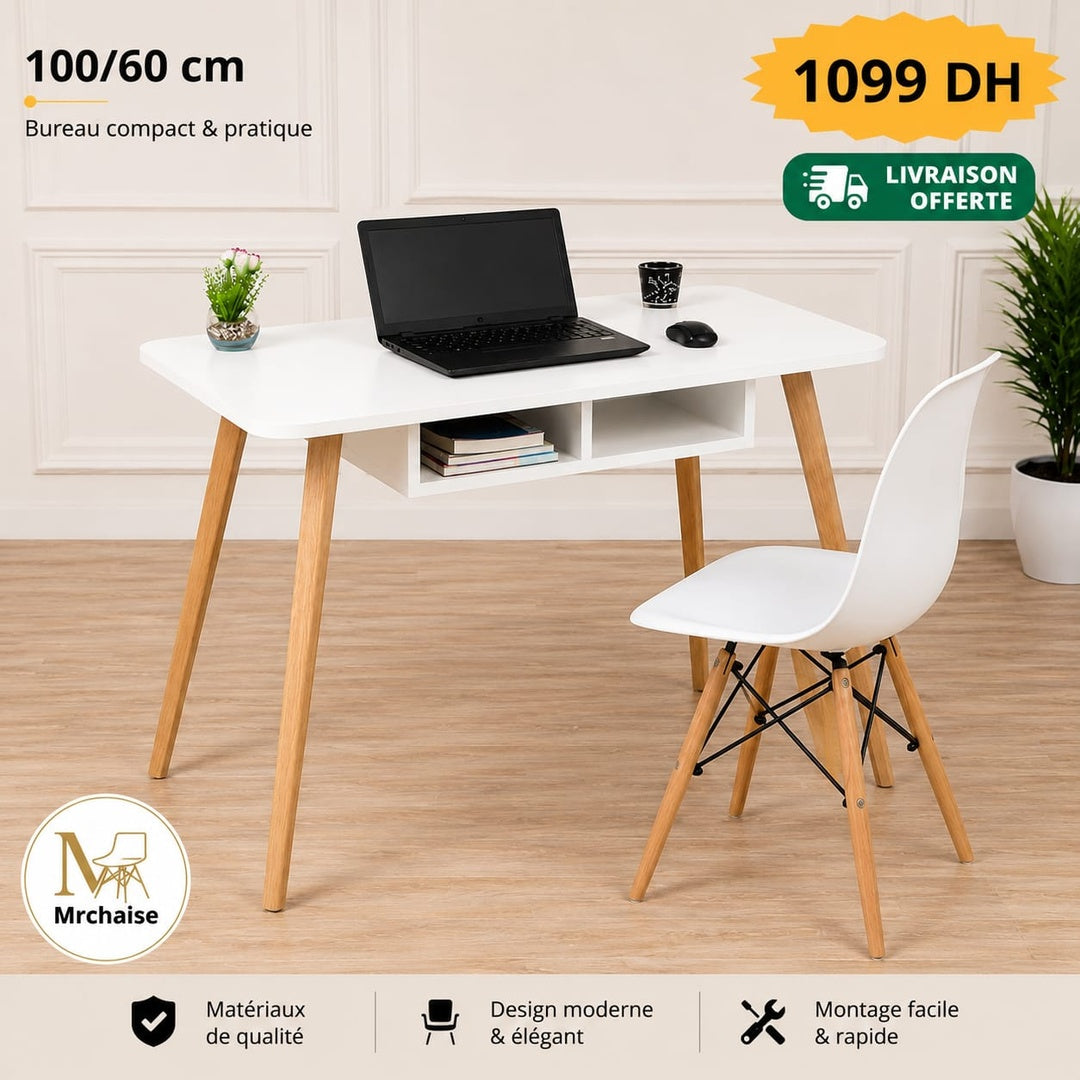 Bureau Alpha 100×60 cm seul ou avec chaise  – Blanc