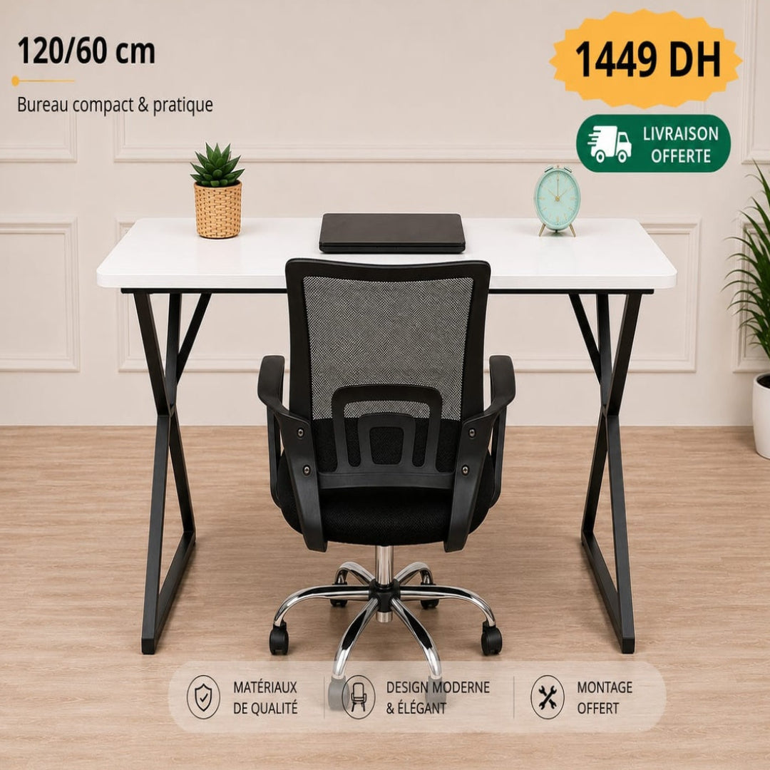 Bureau Loft Blanc 120 × 60 cm seul ou avec  Chaise