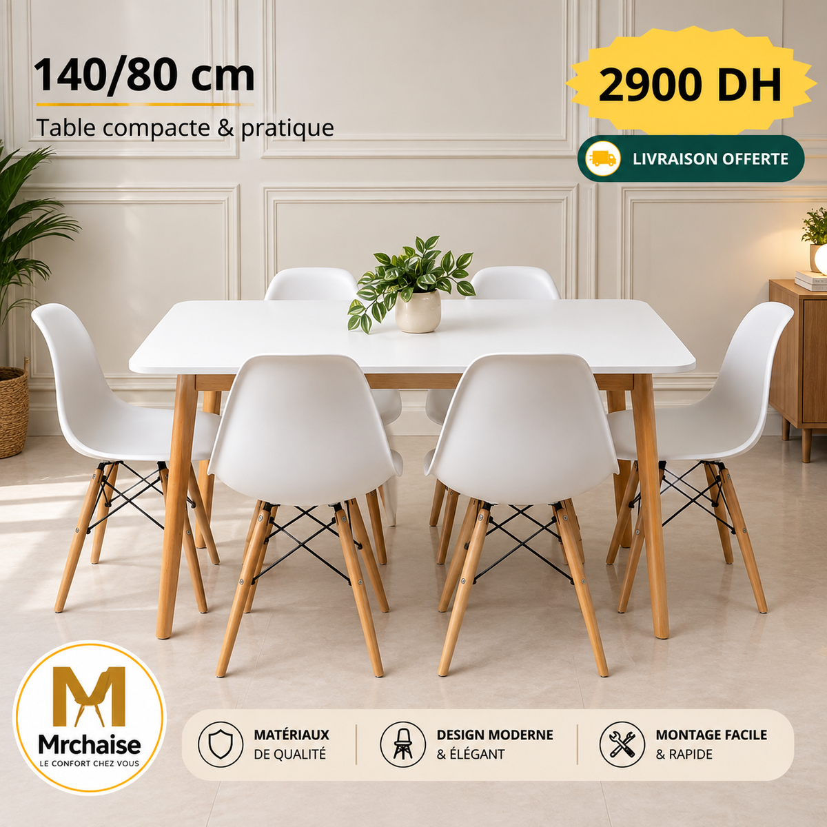 Table rectangulaire 140/80 cm "Blanc/Noir/Beige" + 6 Chaises Scandinaves