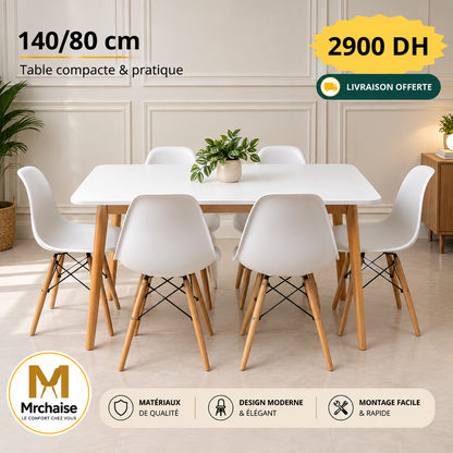 Table rectangulaire 140/80 cm "Blanc/Noir/Beige" + 6 Chaises Scandinaves
