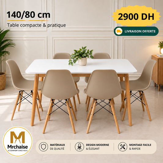 Table rectangulaire 140/80 cm "Blanc/Noir/Beige" + 6 Chaises Scandinaves
