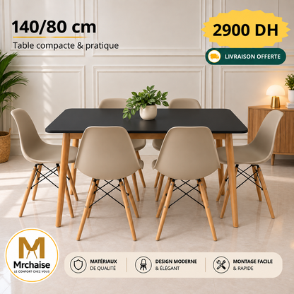 Table rectangulaire 140/80 cm "Blanc/Noir/Beige" + 6 Chaises Scandinaves