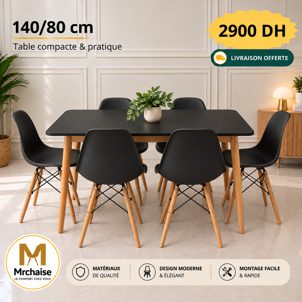 Table rectangulaire 140/80 cm "Blanc/Noir/Beige" + 6 Chaises Scandinaves