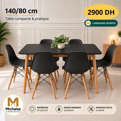 Table rectangulaire 140/80 cm "Blanc/Noir/Beige" + 6 Chaises Scandinaves