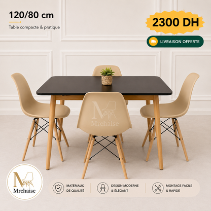 Table rectangulaire 120/80 cm "Blanc/Noir/Beige" + 4 Chaises Scandinaves