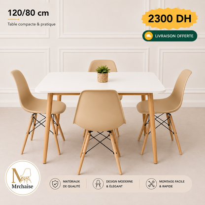 Table rectangulaire 120/80 cm "Blanc/Noir/Beige" + 4 Chaises Scandinaves