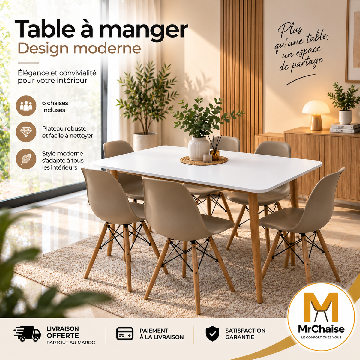 Table rectangulaire 140/80 cm "Blanc/Noir/Beige" + 6 Chaises Scandinaves