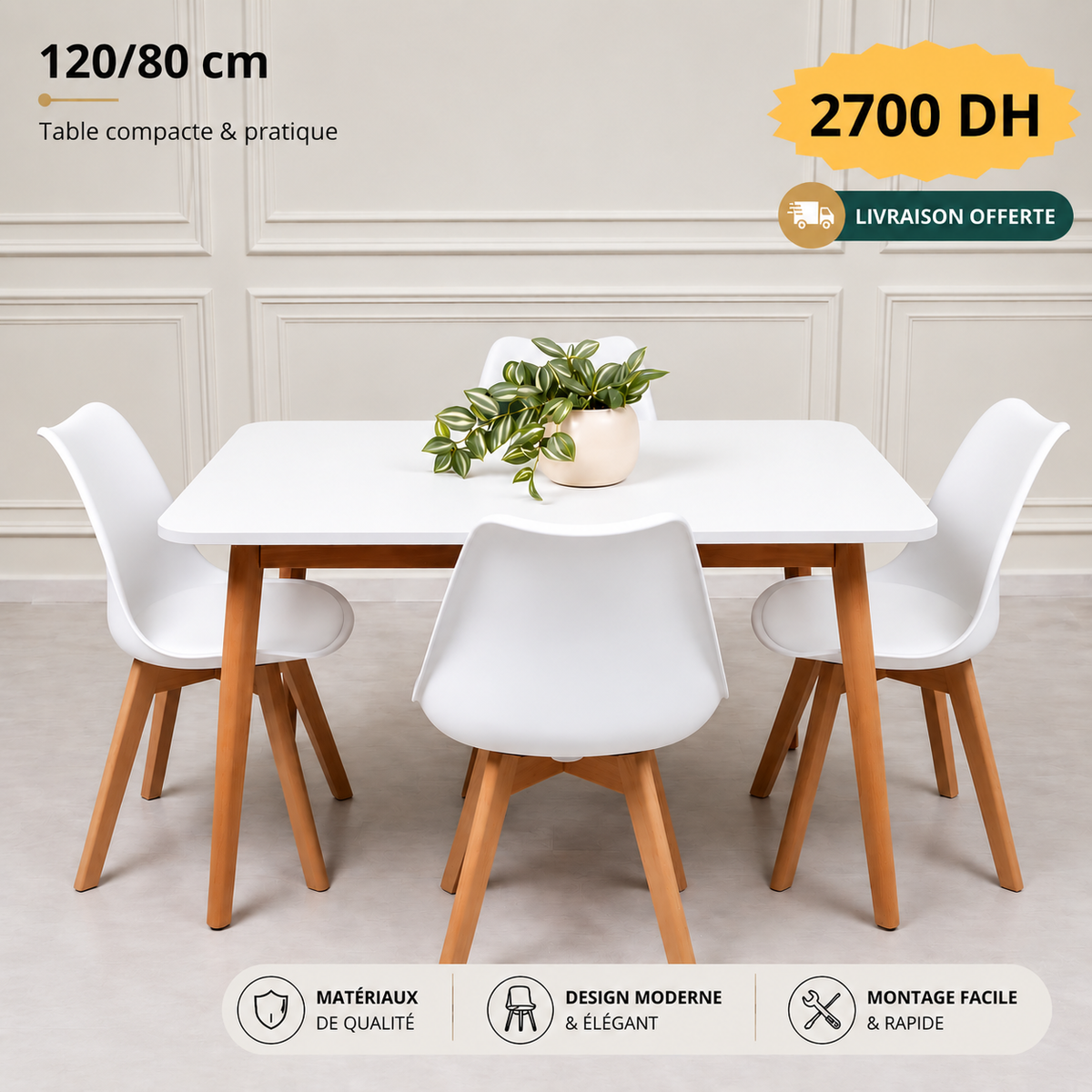 Table rectangulaire 120/80 cm "Blanc/Noir/Gris" + 4 Chaises Scandinaves Epongée