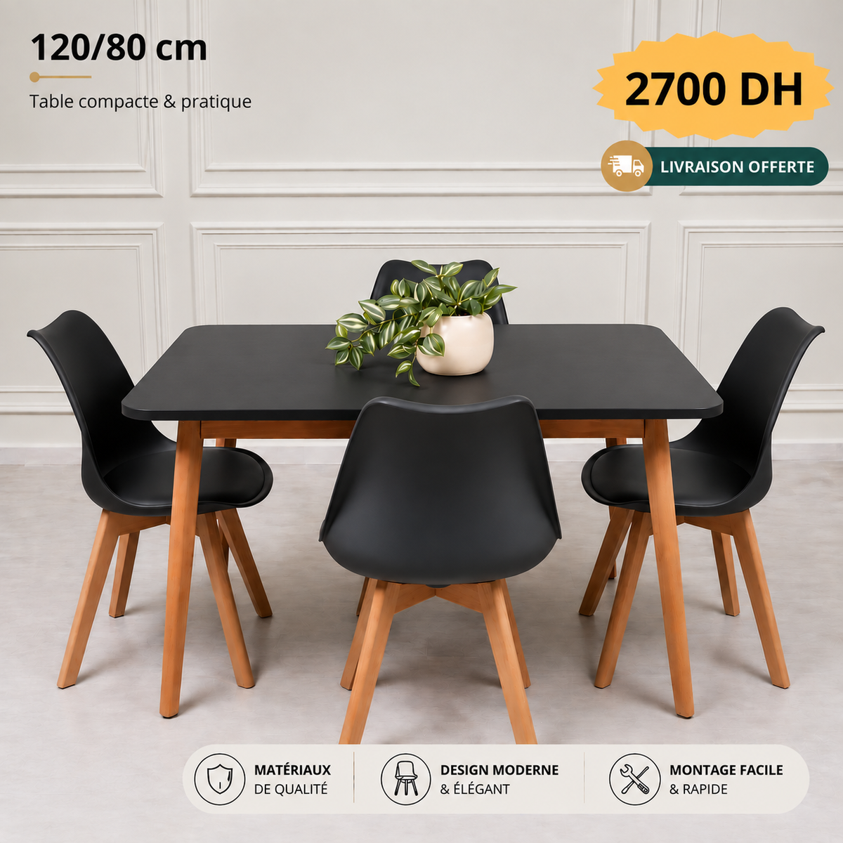 Table rectangulaire 120/80 cm "Blanc/Noir/Gris" + 4 Chaises Scandinaves Epongée