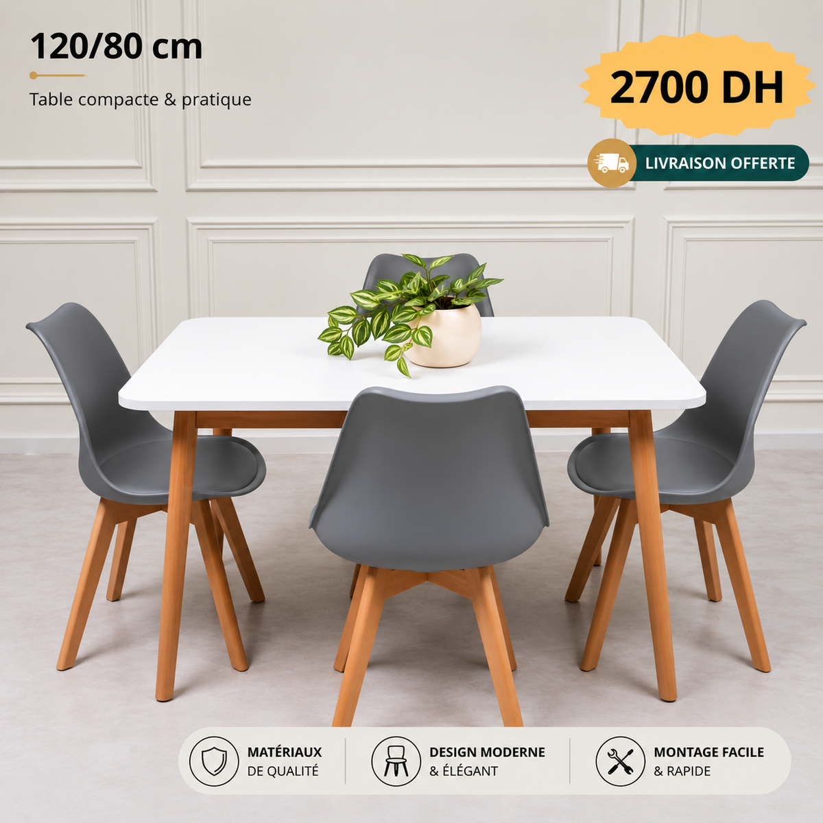 Table rectangulaire 120/80 cm "Blanc/Noir/Gris" + 4 Chaises Scandinaves Epongée