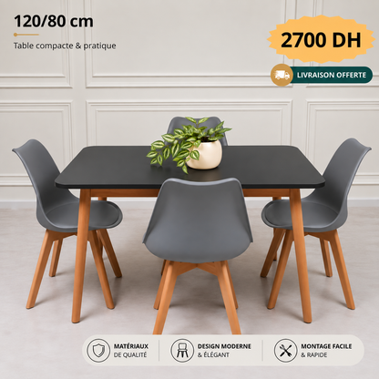 Table rectangulaire 120/80 cm "Blanc/Noir/Gris" + 4 Chaises Scandinaves Epongée