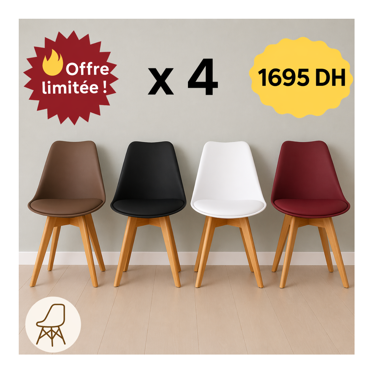 Pack Chaises Scandinaves Epongée ×4 "Blanc, Noir, Marron, rouge"