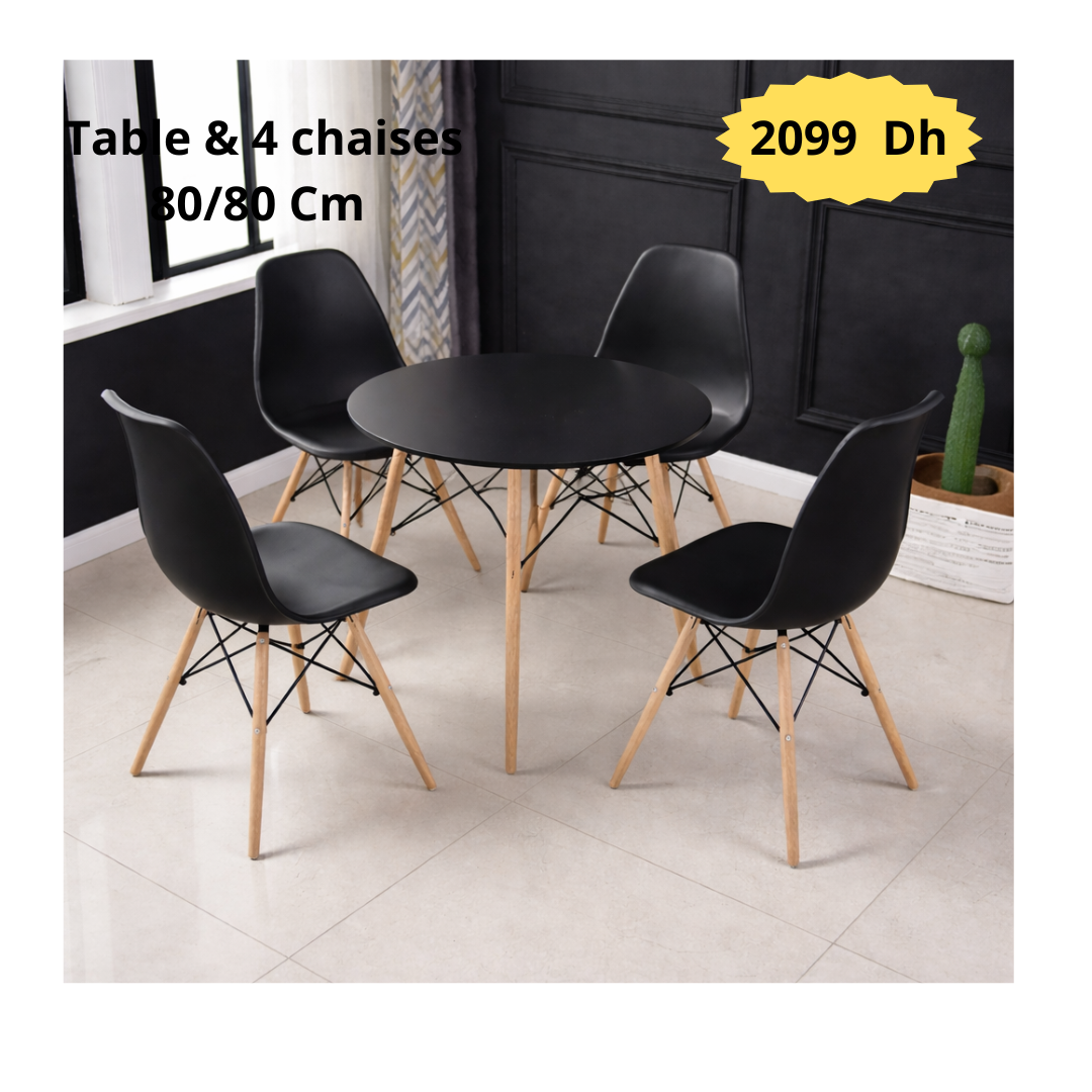 Table  ronde scandy 80/80 cm "Blanc/Noir" + 4 Chaises Scandinaves