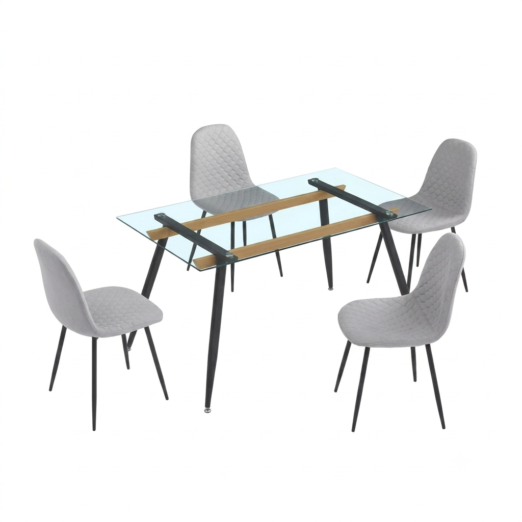 Table Rectangulaire 140×80 cm en Verre + 4 Chaises en Tissu Gris