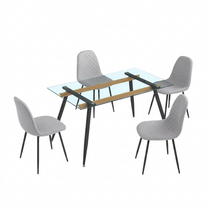 Table Rectangulaire 140×80 cm en Verre + 4 Chaises en Tissu Gris
