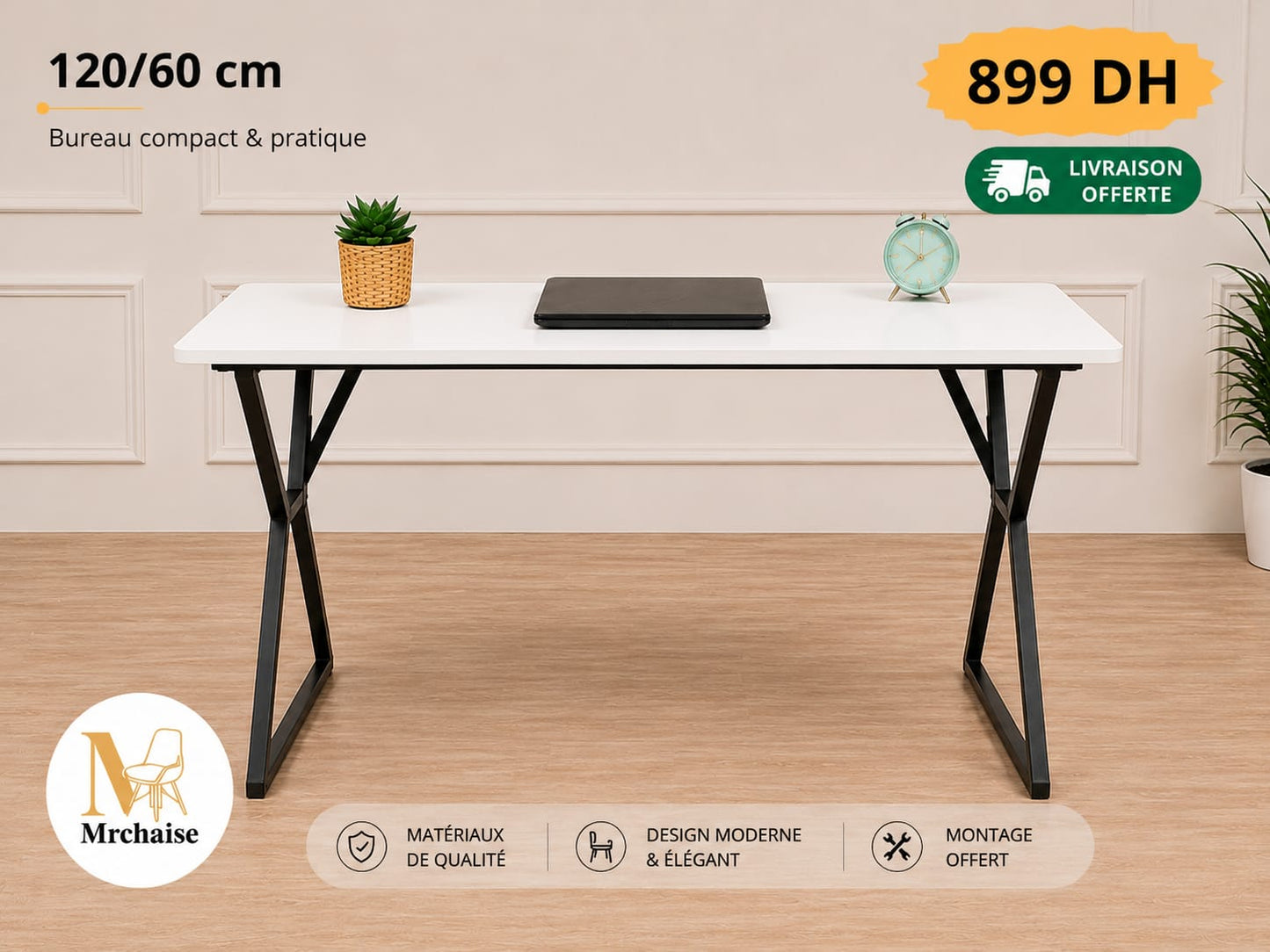 Bureau Loft Blanc 120 × 60 cm seul ou avec  Chaise