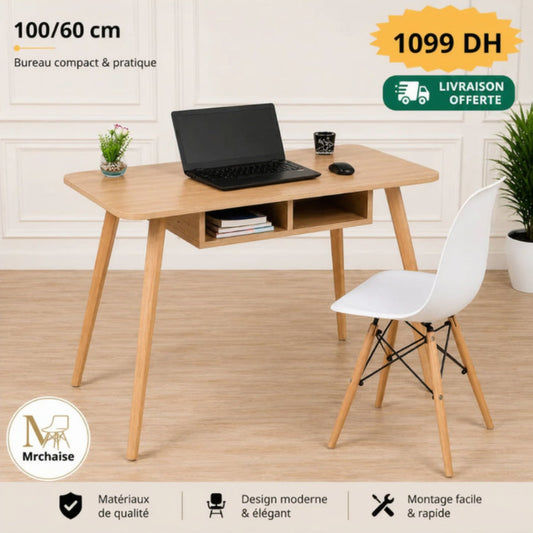 Bureau Alpha 100×60 cm seul ou avec chaise  – Chêne