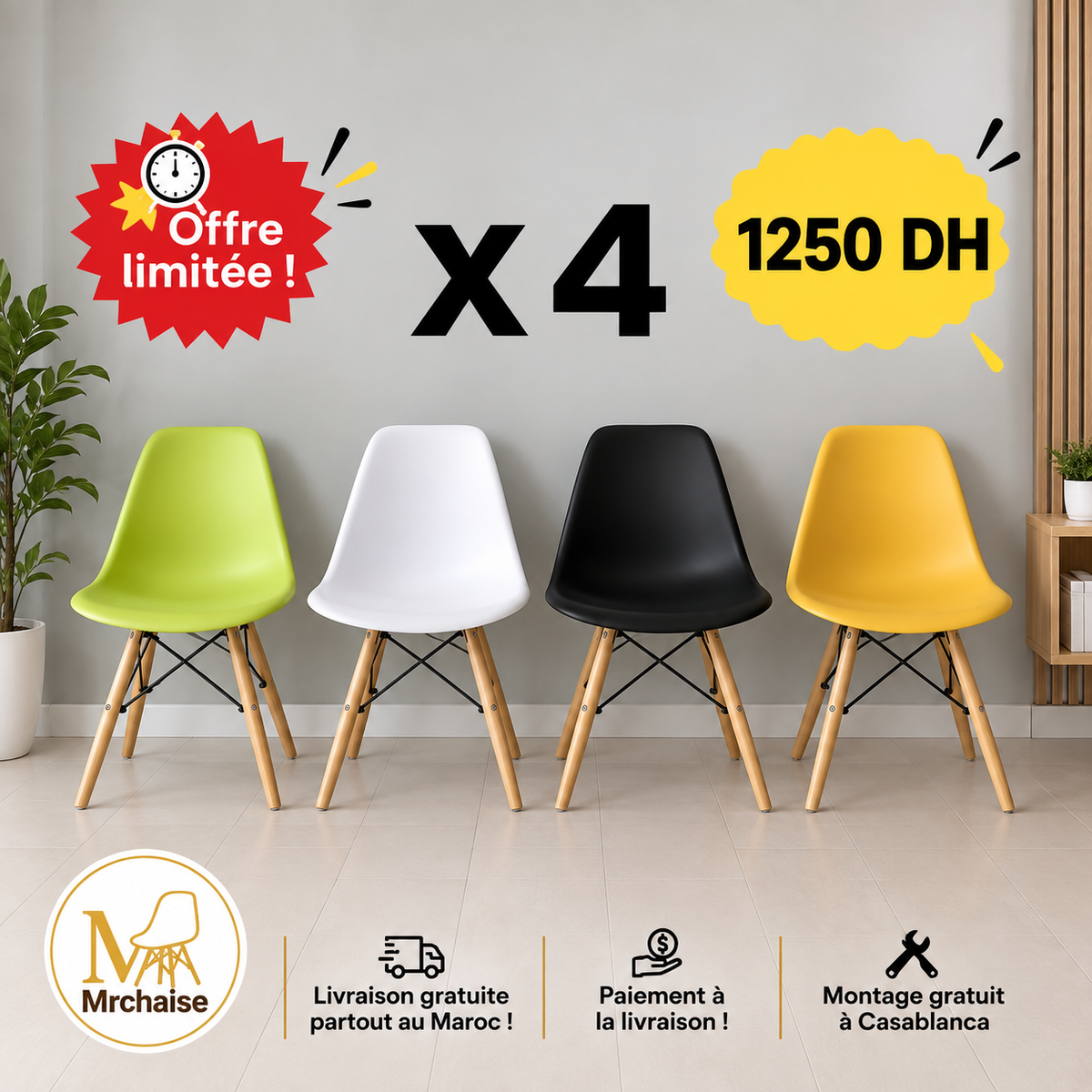 Pack 4 chaises scandinaves "Blanc,Noir,Vert,Jaune"